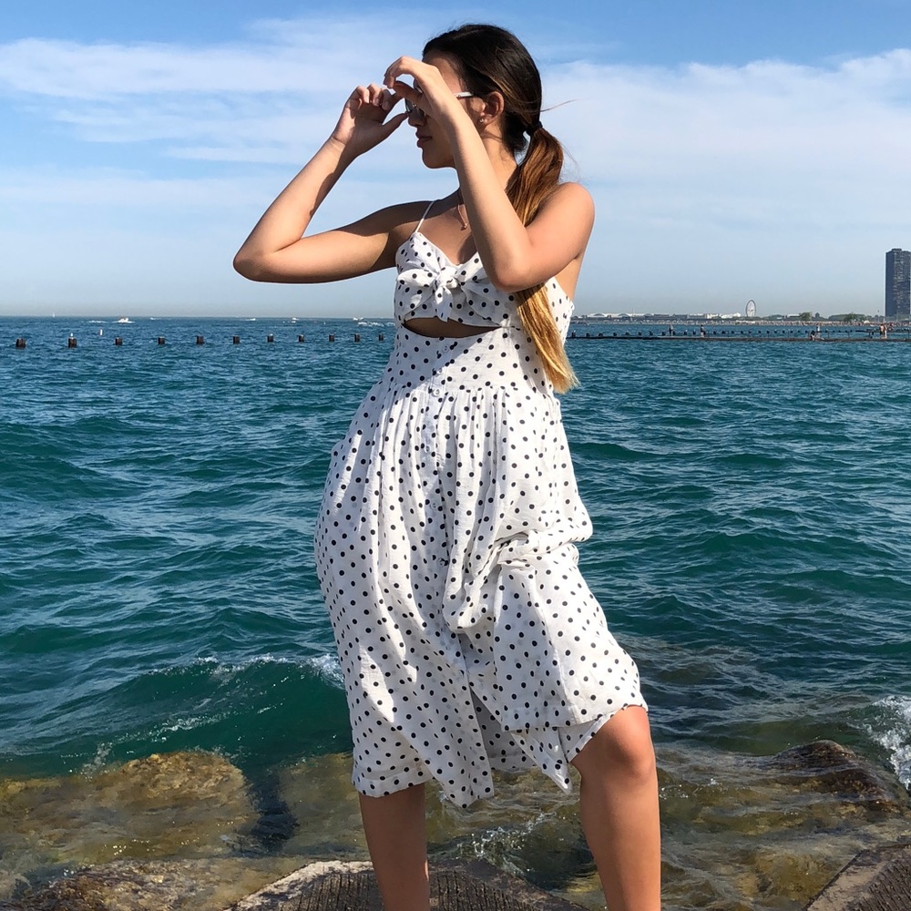Long, White, Dark blue polka dot dress